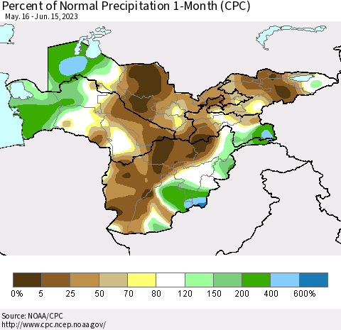 Central Asia Percent of Normal Precipitation 1-Month (CPC) Thematic Map For 5/16/2023 - 6/15/2023