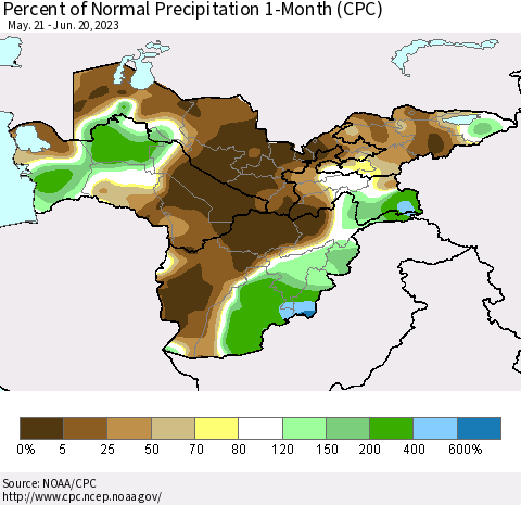 Central Asia Percent of Normal Precipitation 1-Month (CPC) Thematic Map For 5/21/2023 - 6/20/2023