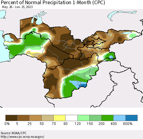 Central Asia Percent of Normal Precipitation 1-Month (CPC) Thematic Map For 5/26/2023 - 6/25/2023