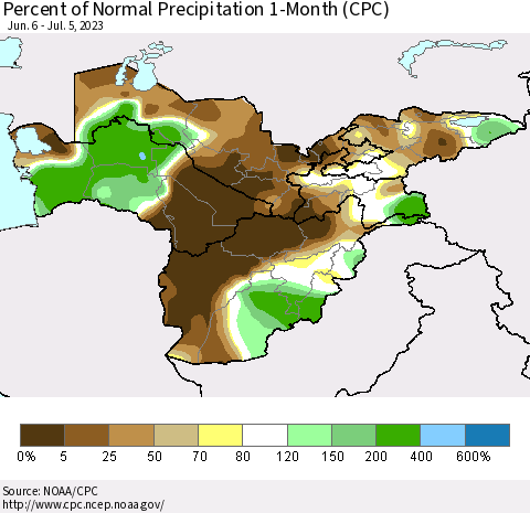 Central Asia Percent of Normal Precipitation 1-Month (CPC) Thematic Map For 6/6/2023 - 7/5/2023