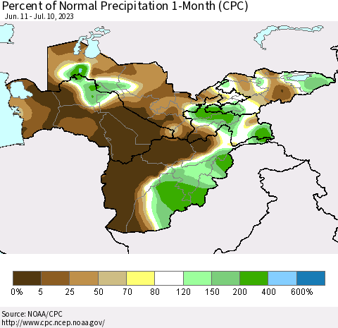 Central Asia Percent of Normal Precipitation 1-Month (CPC) Thematic Map For 6/11/2023 - 7/10/2023