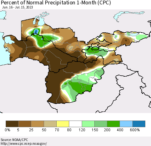 Central Asia Percent of Normal Precipitation 1-Month (CPC) Thematic Map For 6/16/2023 - 7/15/2023