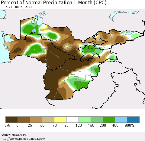 Central Asia Percent of Normal Precipitation 1-Month (CPC) Thematic Map For 6/21/2023 - 7/20/2023