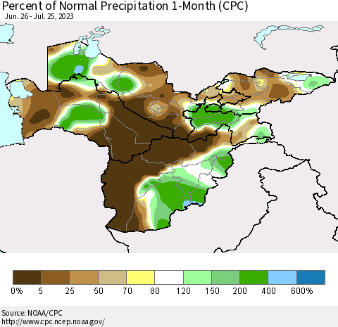 Central Asia Percent of Normal Precipitation 1-Month (CPC) Thematic Map For 6/26/2023 - 7/25/2023
