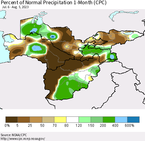 Central Asia Percent of Normal Precipitation 1-Month (CPC) Thematic Map For 7/6/2023 - 8/5/2023