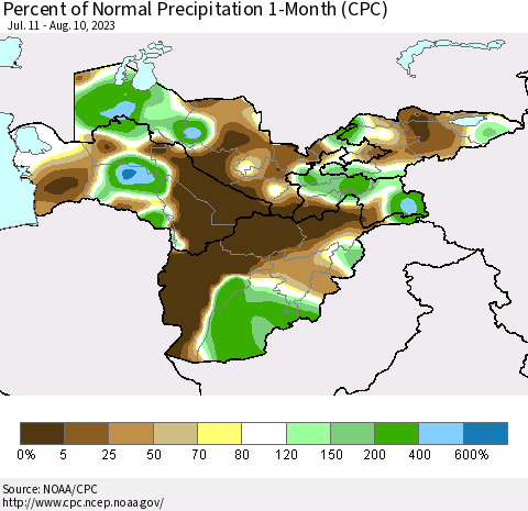 Central Asia Percent of Normal Precipitation 1-Month (CPC) Thematic Map For 7/11/2023 - 8/10/2023