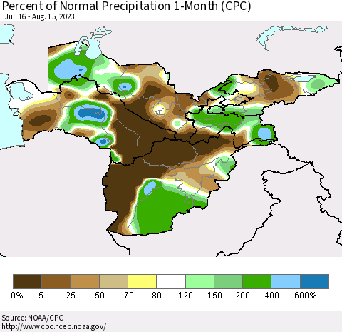 Central Asia Percent of Normal Precipitation 1-Month (CPC) Thematic Map For 7/16/2023 - 8/15/2023
