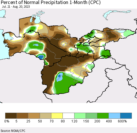 Central Asia Percent of Normal Precipitation 1-Month (CPC) Thematic Map For 7/21/2023 - 8/20/2023
