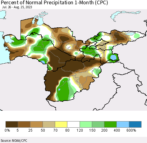Central Asia Percent of Normal Precipitation 1-Month (CPC) Thematic Map For 7/26/2023 - 8/25/2023