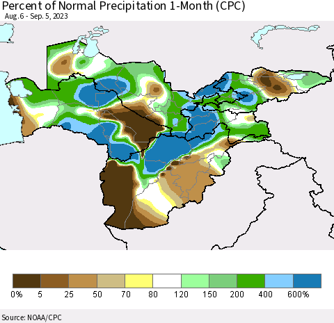 Central Asia Percent of Normal Precipitation 1-Month (CPC) Thematic Map For 8/6/2023 - 9/5/2023
