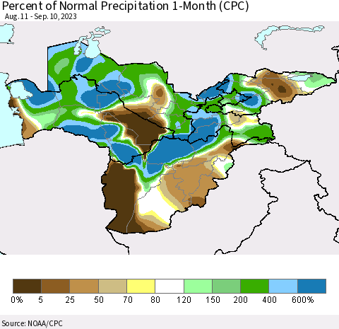 Central Asia Percent of Normal Precipitation 1-Month (CPC) Thematic Map For 8/11/2023 - 9/10/2023