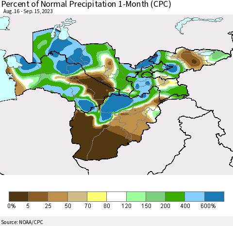 Central Asia Percent of Normal Precipitation 1-Month (CPC) Thematic Map For 8/16/2023 - 9/15/2023