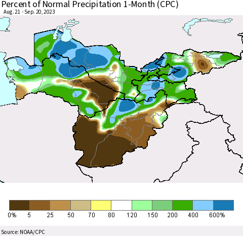 Central Asia Percent of Normal Precipitation 1-Month (CPC) Thematic Map For 8/21/2023 - 9/20/2023