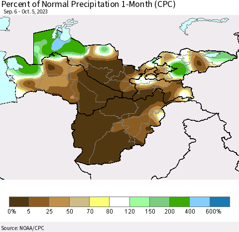 Central Asia Percent of Normal Precipitation 1-Month (CPC) Thematic Map For 9/6/2023 - 10/5/2023