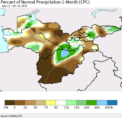 Central Asia Percent of Normal Precipitation 1-Month (CPC) Thematic Map For 9/11/2023 - 10/10/2023