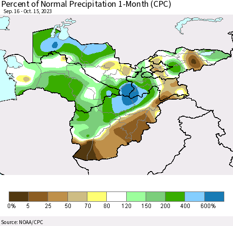 Central Asia Percent of Normal Precipitation 1-Month (CPC) Thematic Map For 9/16/2023 - 10/15/2023