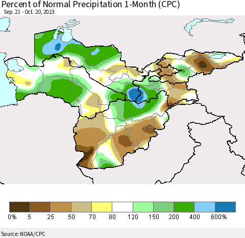 Central Asia Percent of Normal Precipitation 1-Month (CPC) Thematic Map For 9/21/2023 - 10/20/2023