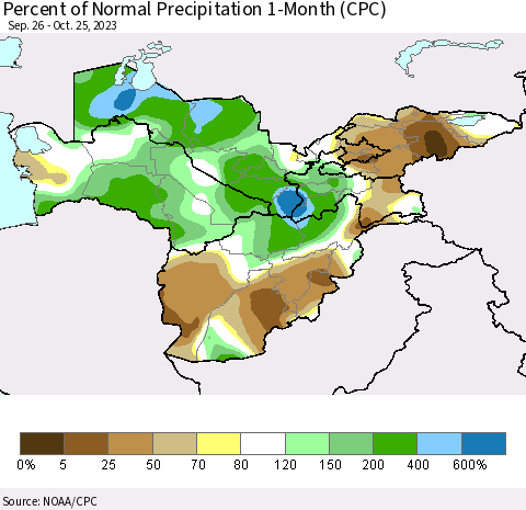 Central Asia Percent of Normal Precipitation 1-Month (CPC) Thematic Map For 9/26/2023 - 10/25/2023