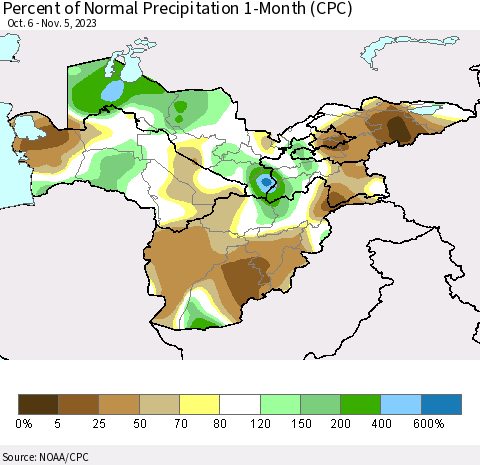 Central Asia Percent of Normal Precipitation 1-Month (CPC) Thematic Map For 10/6/2023 - 11/5/2023