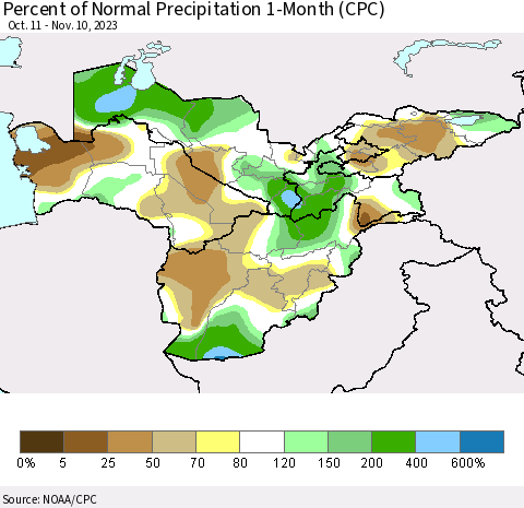 Central Asia Percent of Normal Precipitation 1-Month (CPC) Thematic Map For 10/11/2023 - 11/10/2023