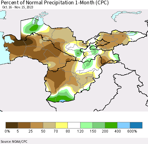 Central Asia Percent of Normal Precipitation 1-Month (CPC) Thematic Map For 10/16/2023 - 11/15/2023