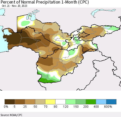 Central Asia Percent of Normal Precipitation 1-Month (CPC) Thematic Map For 10/21/2023 - 11/20/2023