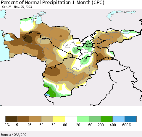 Central Asia Percent of Normal Precipitation 1-Month (CPC) Thematic Map For 10/26/2023 - 11/25/2023