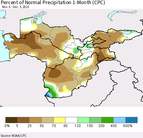 Central Asia Percent of Normal Precipitation 1-Month (CPC) Thematic Map For 11/6/2023 - 12/5/2023