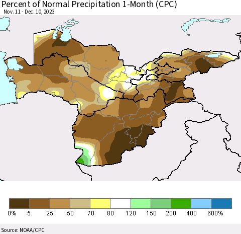 Central Asia Percent of Normal Precipitation 1-Month (CPC) Thematic Map For 11/11/2023 - 12/10/2023