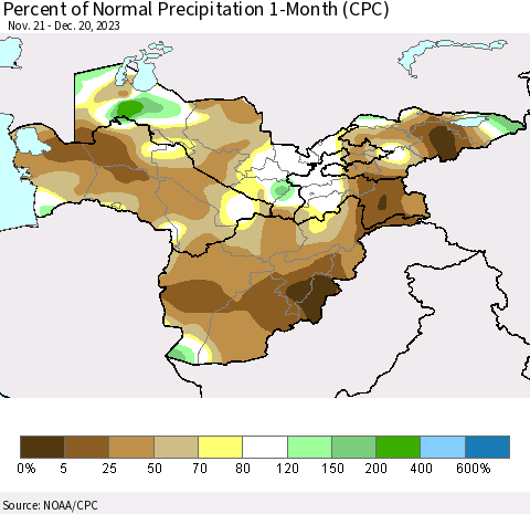 Central Asia Percent of Normal Precipitation 1-Month (CPC) Thematic Map For 11/21/2023 - 12/20/2023