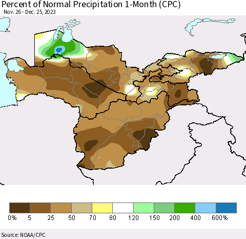 Central Asia Percent of Normal Precipitation 1-Month (CPC) Thematic Map For 11/26/2023 - 12/25/2023