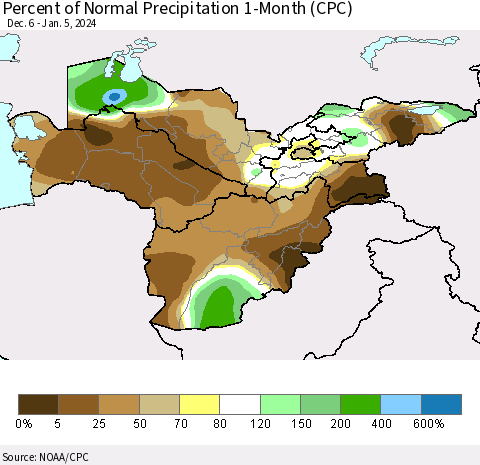 Central Asia Percent of Normal Precipitation 1-Month (CPC) Thematic Map For 12/6/2023 - 1/5/2024
