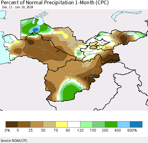 Central Asia Percent of Normal Precipitation 1-Month (CPC) Thematic Map For 12/11/2023 - 1/10/2024