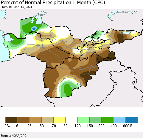 Central Asia Percent of Normal Precipitation 1-Month (CPC) Thematic Map For 12/16/2023 - 1/15/2024