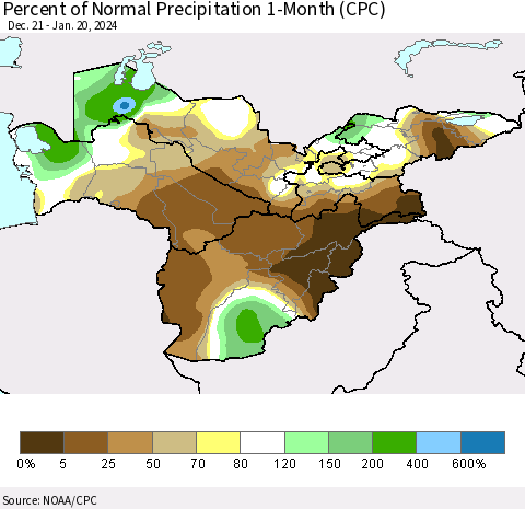Central Asia Percent of Normal Precipitation 1-Month (CPC) Thematic Map For 12/21/2023 - 1/20/2024