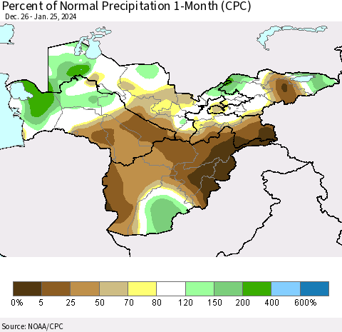 Central Asia Percent of Normal Precipitation 1-Month (CPC) Thematic Map For 12/26/2023 - 1/25/2024