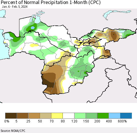 Central Asia Percent of Normal Precipitation 1-Month (CPC) Thematic Map For 1/6/2024 - 2/5/2024