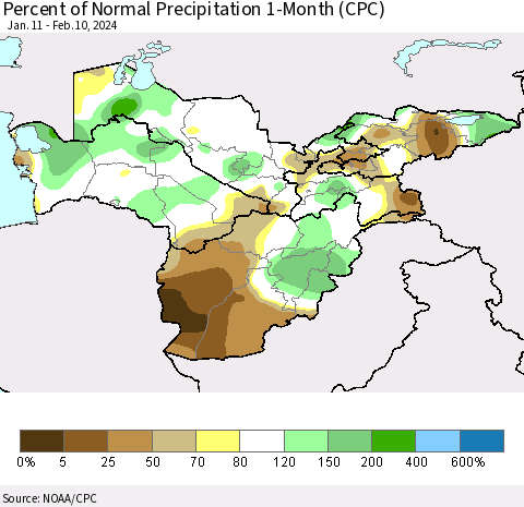 Central Asia Percent of Normal Precipitation 1-Month (CPC) Thematic Map For 1/11/2024 - 2/10/2024