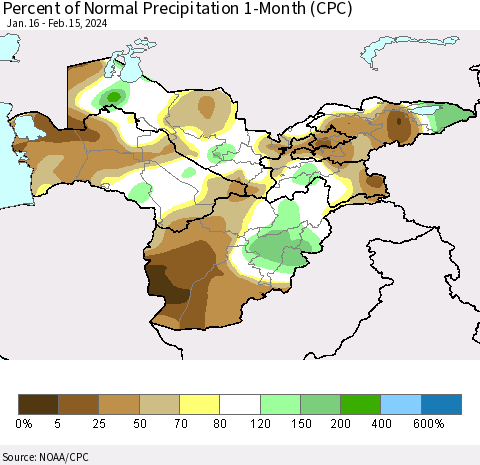 Central Asia Percent of Normal Precipitation 1-Month (CPC) Thematic Map For 1/16/2024 - 2/15/2024