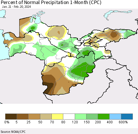 Central Asia Percent of Normal Precipitation 1-Month (CPC) Thematic Map For 1/21/2024 - 2/20/2024