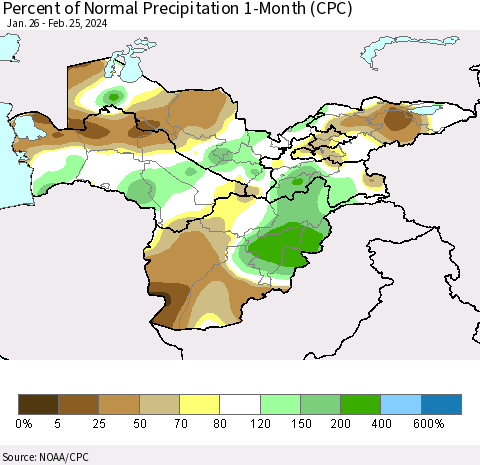 Central Asia Percent of Normal Precipitation 1-Month (CPC) Thematic Map For 1/26/2024 - 2/25/2024