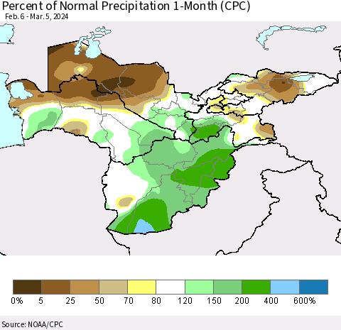 Central Asia Percent of Normal Precipitation 1-Month (CPC) Thematic Map For 2/6/2024 - 3/5/2024