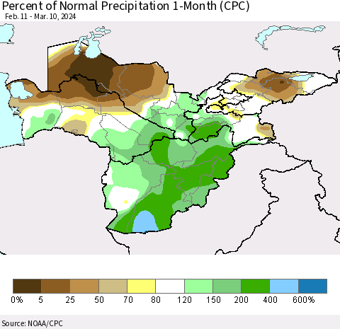 Central Asia Percent of Normal Precipitation 1-Month (CPC) Thematic Map For 2/11/2024 - 3/10/2024