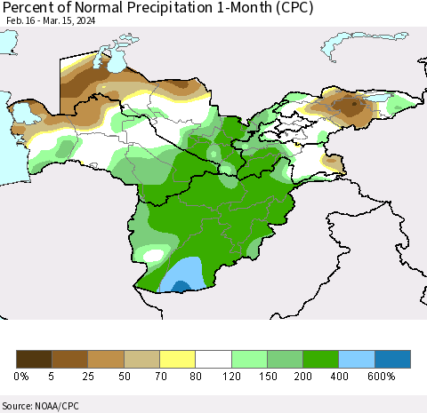 Central Asia Percent of Normal Precipitation 1-Month (CPC) Thematic Map For 2/16/2024 - 3/15/2024