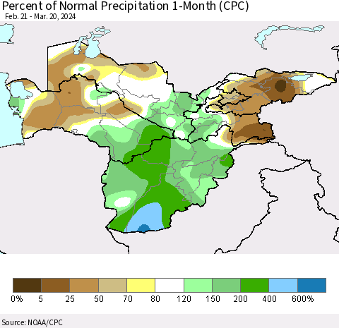 Central Asia Percent of Normal Precipitation 1-Month (CPC) Thematic Map For 2/21/2024 - 3/20/2024