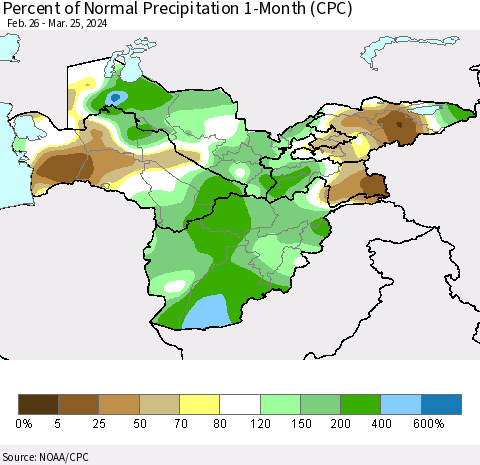 Central Asia Percent of Normal Precipitation 1-Month (CPC) Thematic Map For 2/26/2024 - 3/25/2024