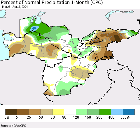 Central Asia Percent of Normal Precipitation 1-Month (CPC) Thematic Map For 3/6/2024 - 4/5/2024