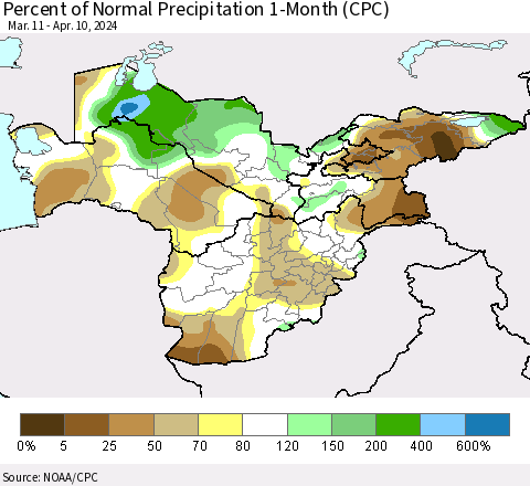Central Asia Percent of Normal Precipitation 1-Month (CPC) Thematic Map For 3/11/2024 - 4/10/2024
