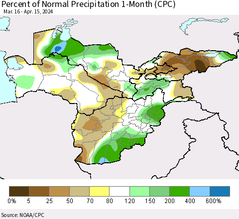 Central Asia Percent of Normal Precipitation 1-Month (CPC) Thematic Map For 3/16/2024 - 4/15/2024