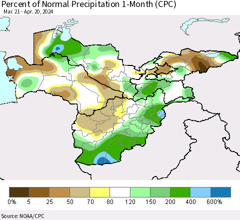 Central Asia Percent of Normal Precipitation 1-Month (CPC) Thematic Map For 3/21/2024 - 4/20/2024